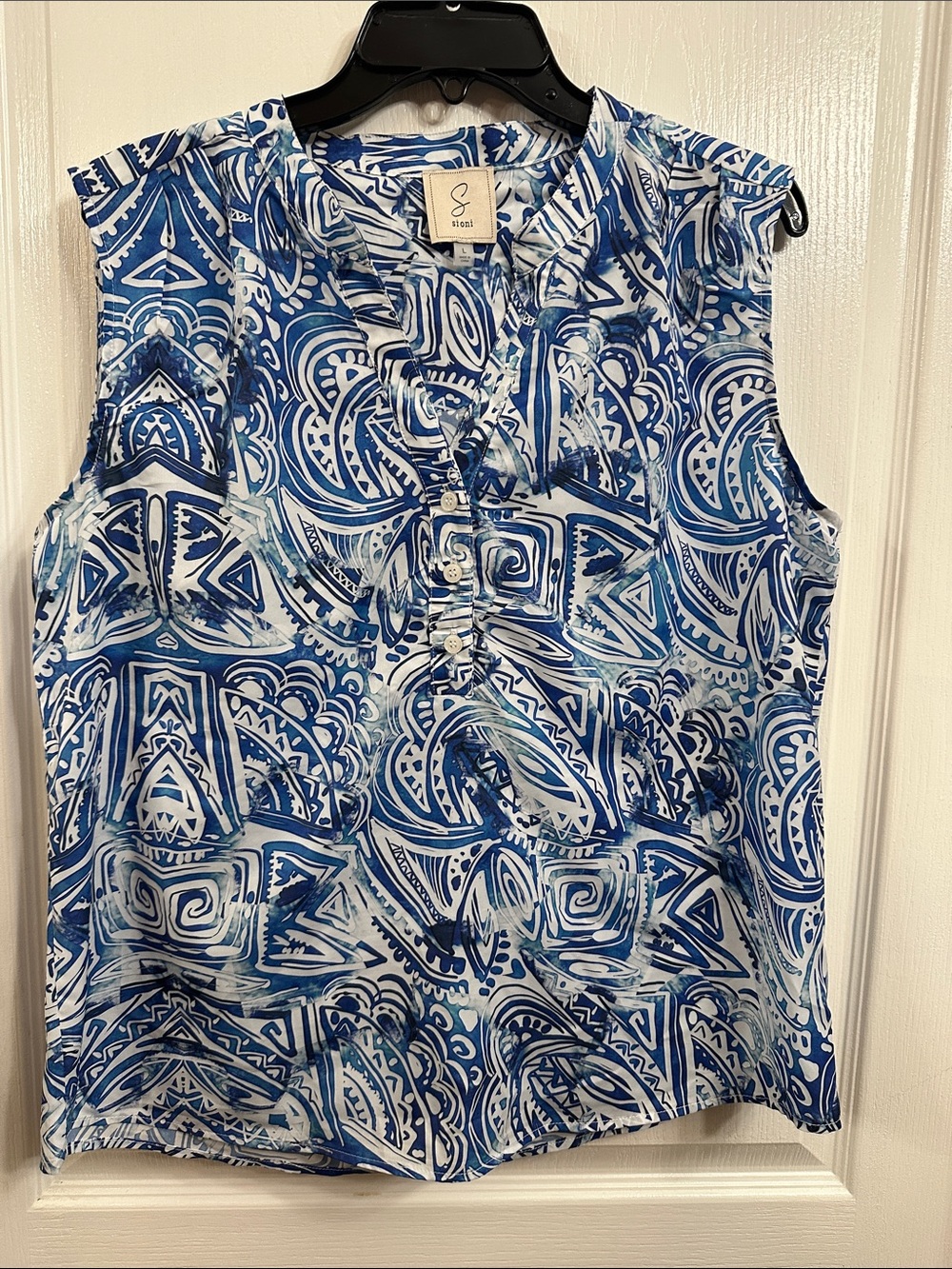 Sigrid Olsen Blue & White Ruffled V-Neck Sleeveless Camisole